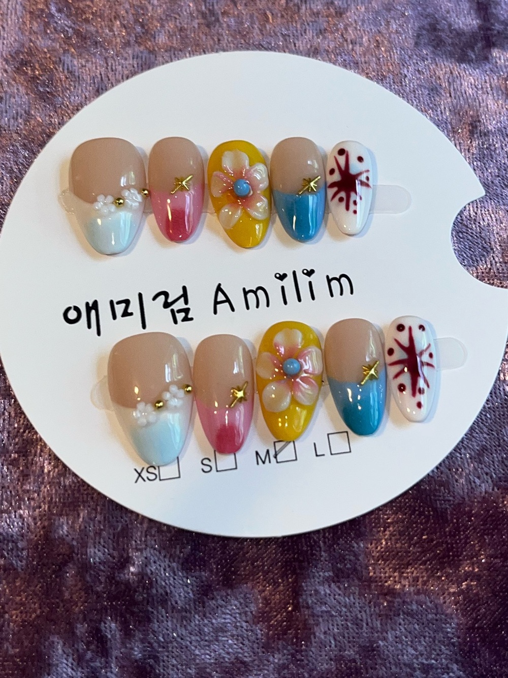 Handmade Floral Colorblock Press-On Nails - Multicolor